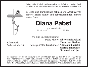 Traueranzeige von Diana Pabst von Pegnitz-Zeitung